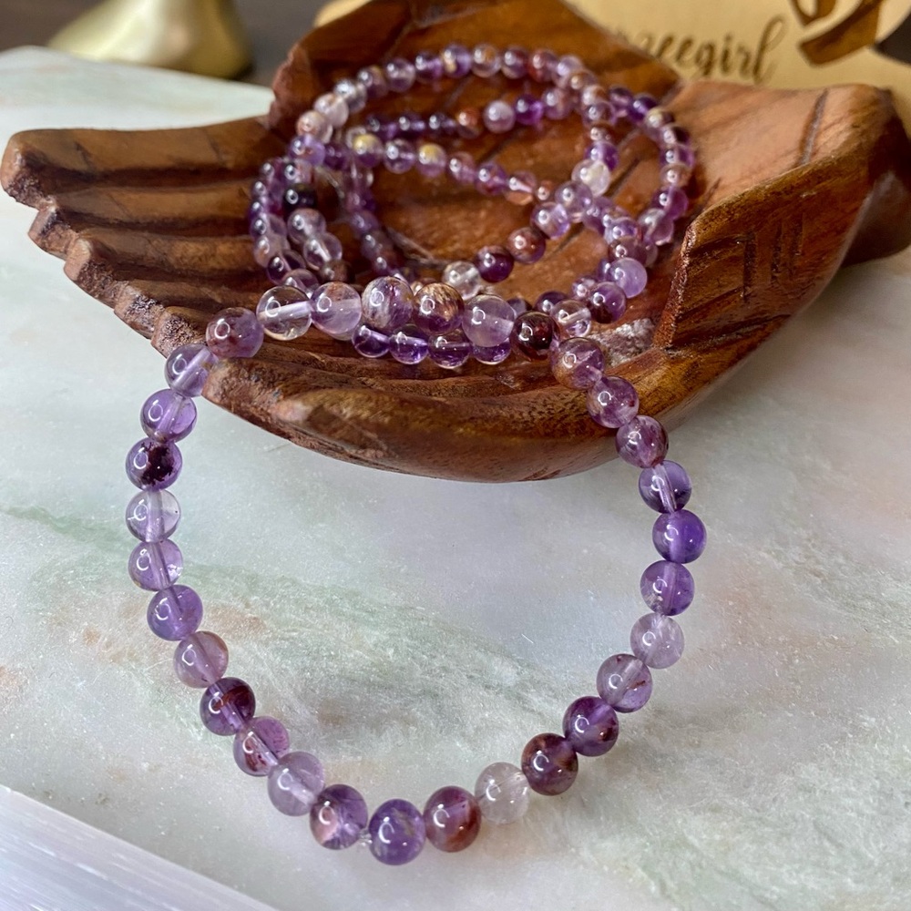 Handmade Cacoxenite Super 7 Amethyst Melody Stone Gemstone Bead Bracelet 6mm